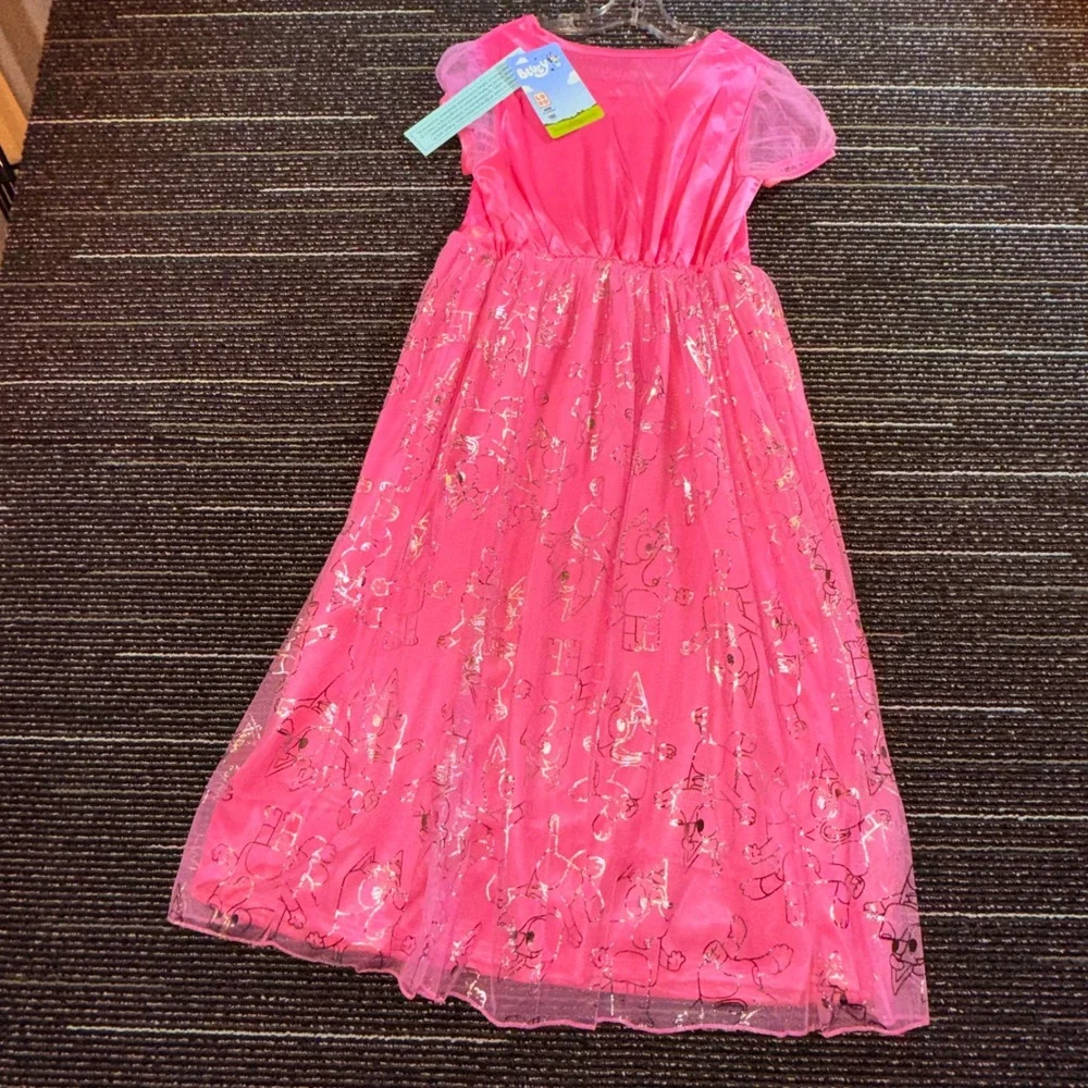 Bluey Nightgown Girls Size 10/12 Pink NEW Character Sleepwear Mesh Foil Gown